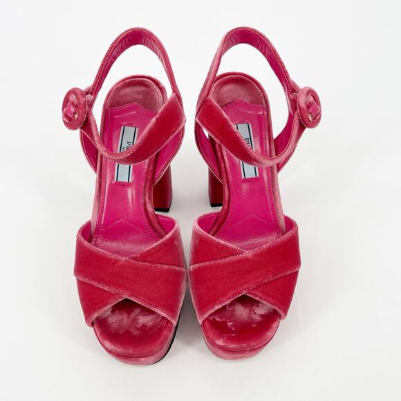 Prada Pink Velvet Crisscross Platform Block Heel Ankle Strap Sandals size IT 36 - Picture 6 of 13
